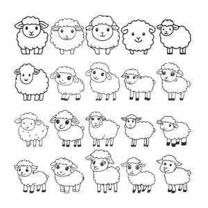 Puede incluir: Ilustración de veintiún ovejas de dibujos animados en blanco y negro. Cada oveja tiene un cuerpo esponjoso y redondeado y una cara sonriente. Las ovejas están en varias poses, algunas de pie, otras mirando hacia adelante y otras de perfil.