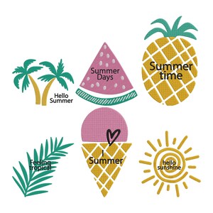 以下が含まれることがあります： 夏をテーマにしたカラフルな切り抜きコレクション。 「Summer Days」と書かれたスイカのスライス、「Summer time」と書かれたパイナップル、「I Summer」と書かれたアイスクリームコーン、「hello sunshine」と書かれた太陽、「Hello Summer」と書かれたヤシの木、そして「Feeling tropical」と書かれた葉が含まれています。
