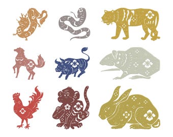 Chinese Zodiac Embroidery Design, Animal Sign Machine Embroidery File, 9 Design, 9 Size, Instant Download