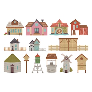 Könnte beinhalten: Eine Sammlung farbenfroher, cartoonartiger Illustrationen verschiedener Gebäude und Strukturen. Das Bild enthält Häuser, eine Scheune, einen Wasserturm, einen Brunnen, eine Windmühle und einen Bienenstock, alle im Flat-Design-Stil. Die Farbpalette ist hell und fröhlich.