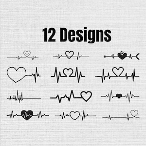 May include: A collection of 12 black graphic designs featuring various heart shapes integrated with EKG heartbeat lines. The designs include simple line art, solid black hearts, and a stethoscope motif, all arranged in a grid on a light background.