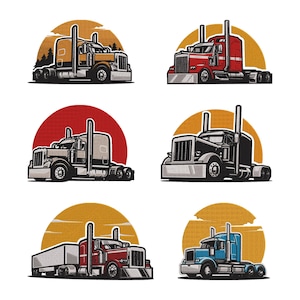 May include: Six semi-truck illustrations in various colors, including yellow, red, black, and blue. Each truck is set against a backdrop of a sunset or sunrise, with a stylized design. The trucks are detailed with chrome accents.
