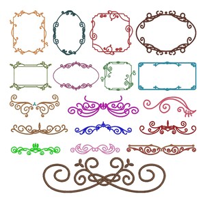 May include: A collection of various digital embroidery designs featuring multiple rectangular, oval, and square frames alongside several ornate, swirling decorative flourishes in diverse colors including brown, blue, red, green, and purple.
