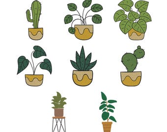Paquete de bordado de plantas en maceta, diseño de bordado de plantas de interior, archivos de bordado a máquina de cactus y botánica, descarga digital