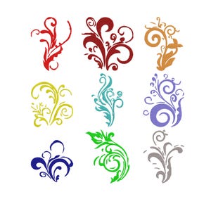 May include: A collection of nine distinct decorative flourishes arranged in a grid. The designs feature swirling, organic, and leaf-like patterns in various solid colors including red, dark red, orange, yellow, teal, purple, blue, green, and gray.