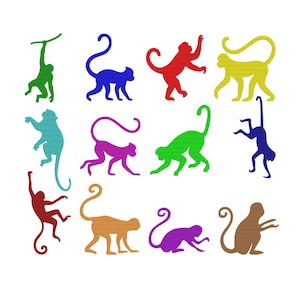 May include: A collection of twelve monkey silhouettes in various colors including green, blue, red, yellow, light blue, purple, orange, and brown. Each monkey is depicted in a different pose, such as hanging, walking, or sitting, on a white background.