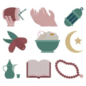 Puede incluir: Un conjunto de iconos ilustrados que representan símbolos culturales y religiosos. Incluye un tambor, manos rezando, una linterna, dátiles, un cuenco de comida, una luna creciente y una estrella, una tetera, un libro abierto y un rosario.