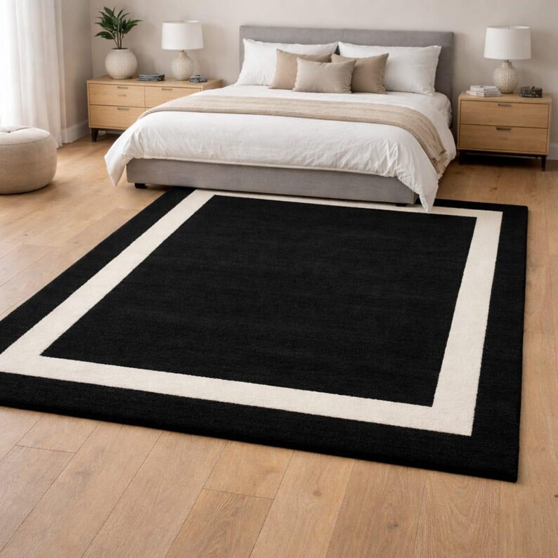 Modern Black & Ivory Border Hand-tufted Wool Rug for Elegant Hallway ...