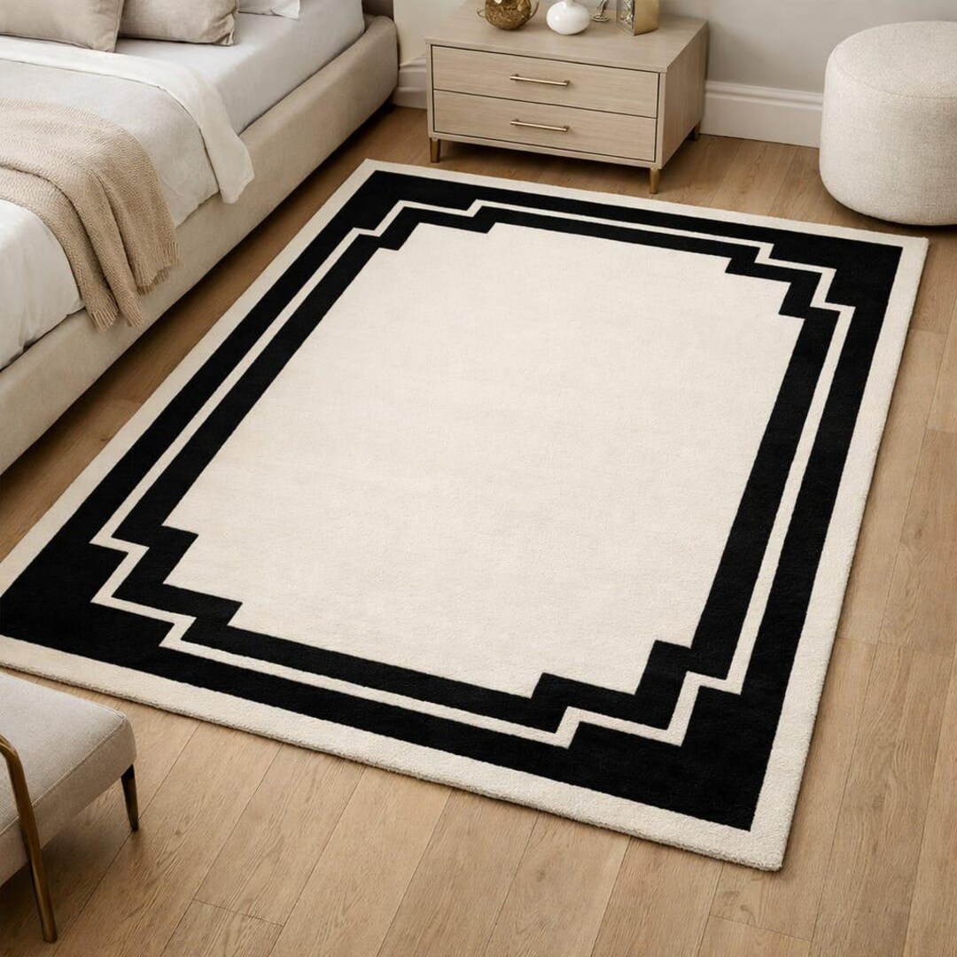 Geometric Border Rug Modern Geometric Border Area Rug Black & Cream Contemporary Hallway ...