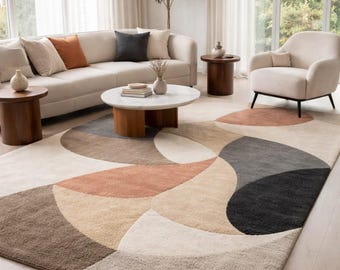 Sala de estar moderna e minimalista com tapete geométrico de 5x8, 6x9 e 8x10.