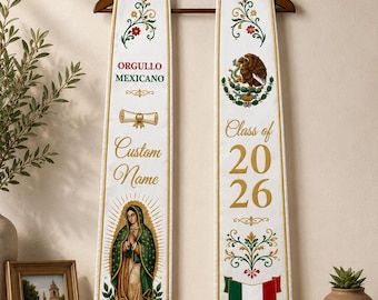 Estola de graduación mexicana 2026 personalizada – Banda de la Virgen de Guadalupe, Orgullo Mexicano, Nombre personalizado, Regalo de graduación hispano