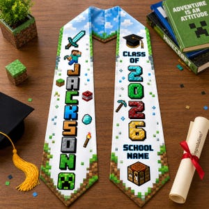 Personlig examensstola för gamers 2026 för barn, examensbåge med pixelblock, anpassat namn förskola dagis skolstola