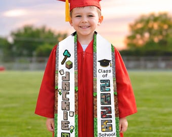 Personalized Gamer Graduation Stole 2026 for Kids, Pixel Block Graduation Sash, Custom Name Preschool Kindergarten School Stole