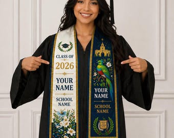 Spersonalizowany szal na zakończenie roku akademickiego w Gwatemali 2026, niebieska szarfa z flagą quetzal, spersonalizowany prezent dla seniora z imieniem i dziedzictwem