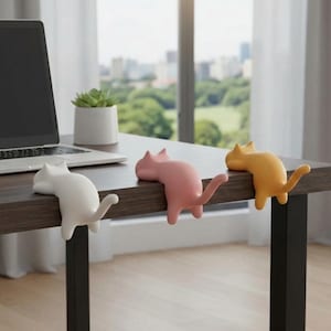 May include: Three cat-shaped desk tidies in white, pink, and yellow. The cat figures are perched on the edge of a dark brown desk, with their tails hanging down. A laptop and a small potted plant are also on the desk.