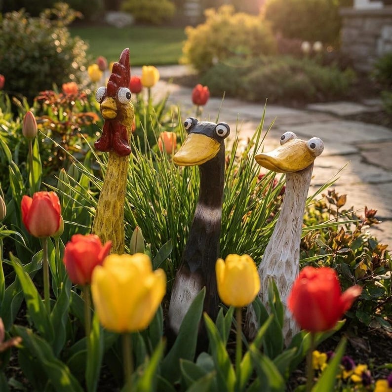 May include: Three garden sculptures shaped like long-necked birds. The left figure is a yellow rooster with a red comb. The middle figure is a black bird with a yellow beak. The right figure is a white bird with a yellow beak. All have large eyes.