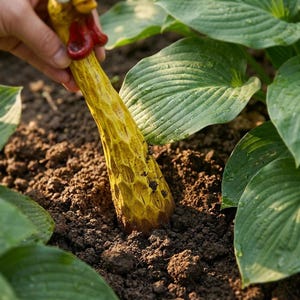 May include: A yellow garden stake shaped like a chicken neck with a textured, carved surface and a bright red wattle at the top. The stake is partially inserted into dark brown soil next to large green hosta leaves in a garden setting.