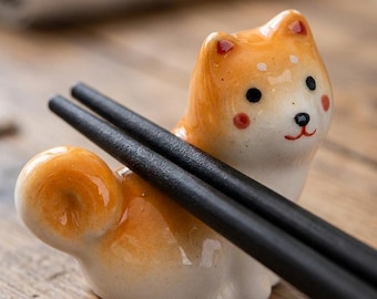 Shiba Inu Chopstick Rest, Ceramic Dog Figurine, Cute Japanese Tableware, Miniature Shiba Inu Decor, Small Dog Statue Holder