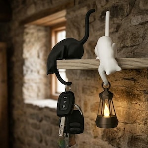 May include: Two cat-shaped hooks, one black and one white, mounted on a wooden shelf. The black cat hook holds a set of car keys, while the white cat hook supports a small, dark-coloured lantern with a glowing, warm-toned light inside the frame.