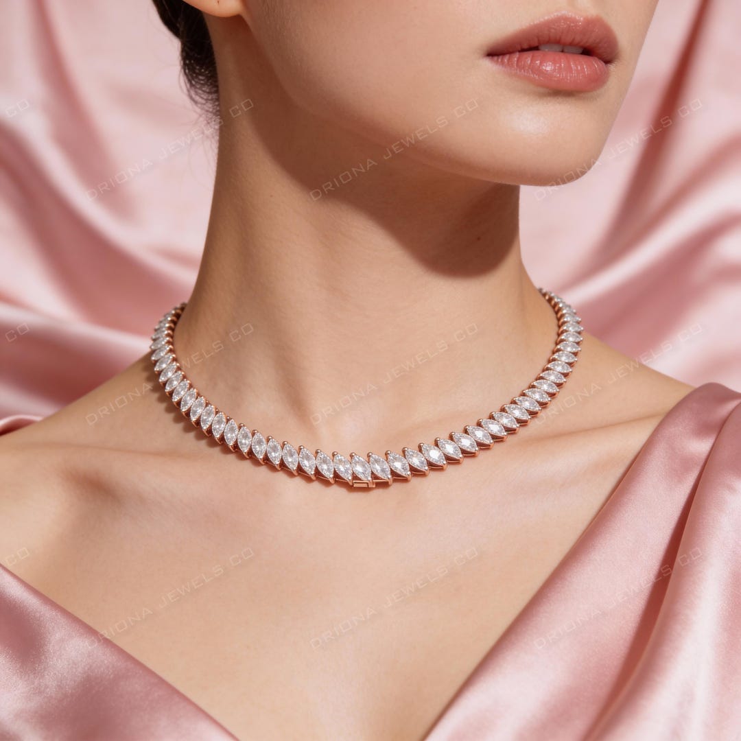 Buy Marquise Diamond Tennis Necklace, Solid Gold Bridal Jewelry Online ...