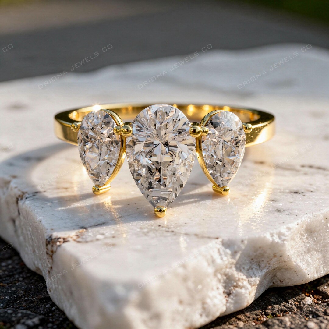Pear Cut Three Stone Engagement Ring With Matching Pear Side Diamonds ...