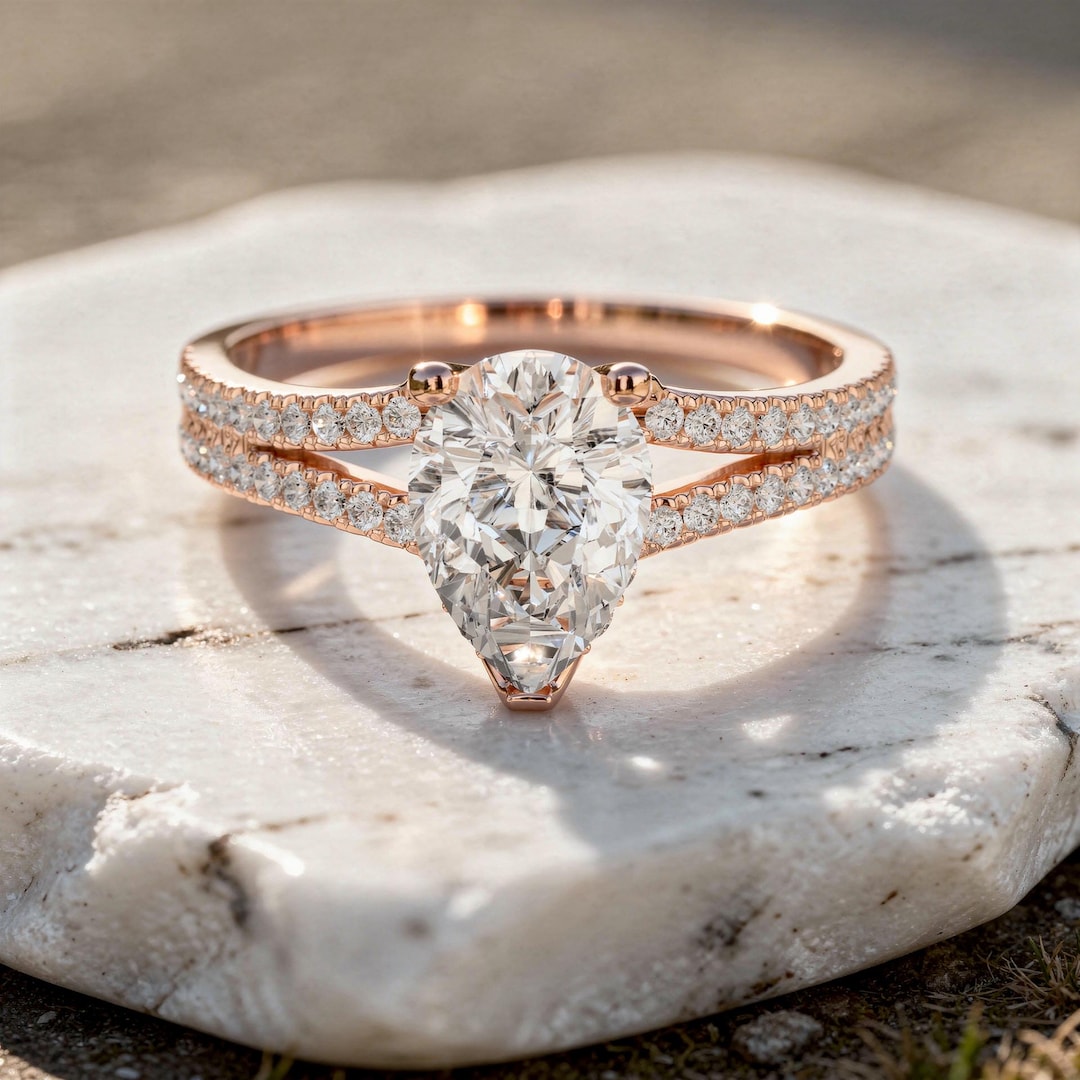 Pear Cut Engagement Ring Split Double Pavé Band Teardrop Solitaire ...