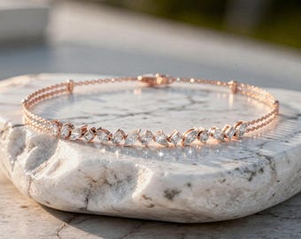 Dainty Diamond Chain Bracelet, Mixed Cut Lab Grown Diamond, Solid Gold or Sterling Silver