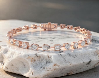 Mixed Cut Lab Grown Diamond Bracelet, Solid Gold Link Bracelet
