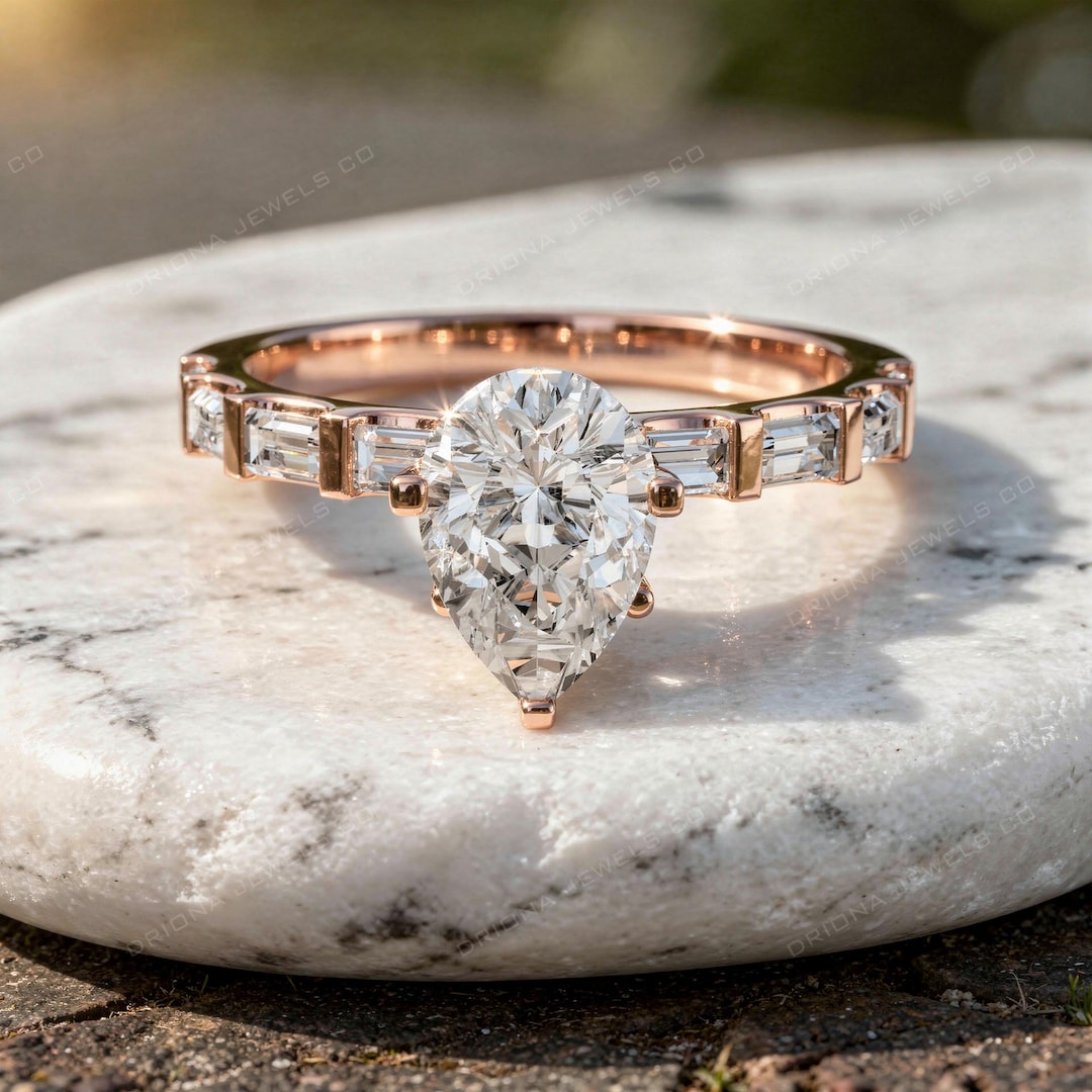 Pear Cut Engagement Ring With Baguette Side Stones - Etsy