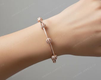 Diamond Beaded Bangle Bracelet, Solid Gold or Sterling Silver