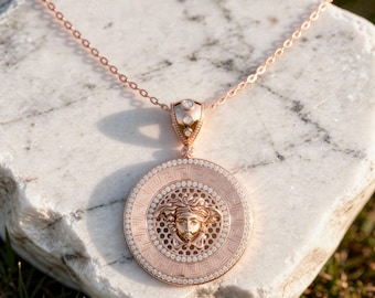 Medusa Inspired Diamond Medallion Pendant in 14K Rose Gold