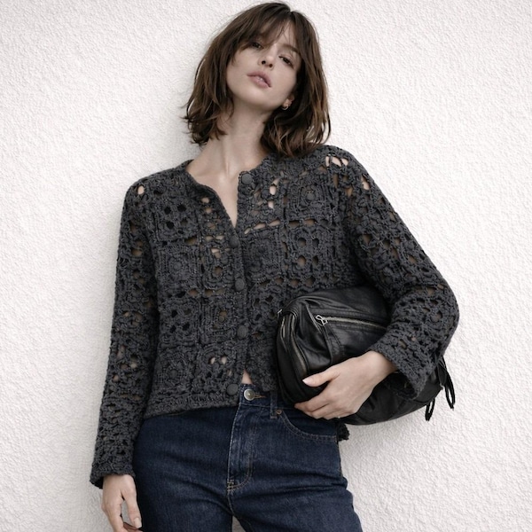 Vintage Crochet Granny Black Square Cotton Cardigan Sz L