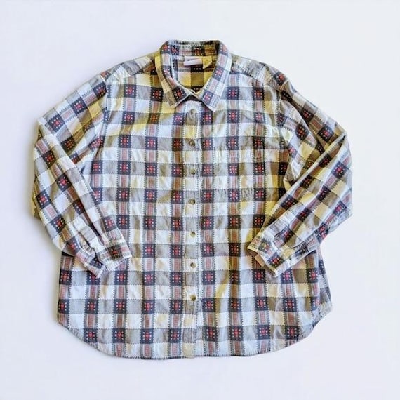 Vintage Patchwork Heart Plaid Button Up Boho Shir… - image 2