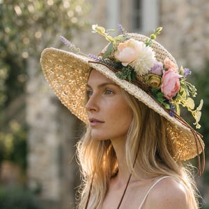 Könnte beinhalten: Ein breitkrempiger Strohhut, verziert mit einem Blumenarrangement aus rosa, weißen und lila Blumen sowie Lavendelzweigen. Der Hut hat einen braunen Leder-Kinnriemen. Der Hut wird im Freien getragen.