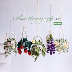 May include: Five handmade crochet hanging plant holders, each with unique floral and foliage designs. The set includes a variety of colors, including green, pink, and purple, with the text "5 Plant Hanging Gift Set" and "PATTERN".