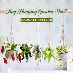 Op de afbeelding: Een display van vijf gehaakte hangende tuinplanten, elk met een uniek plantontwerp. De planten omvatten rode, groene en witte bloemen en bladeren. De tekst "Tiny Hanging Garden Vol. 2 Crochet Pattern" wordt boven de planten weergegeven.
