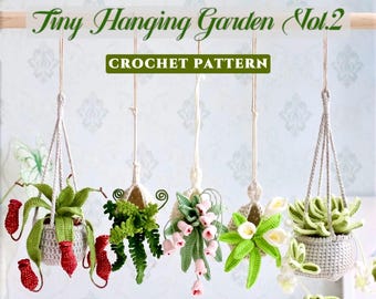 5 IN 1 Crochet Hanging Basket Bundle Pattern Vol.2 | Tiny Botanical Car Charms & Cottagecore Wall Decor PDF