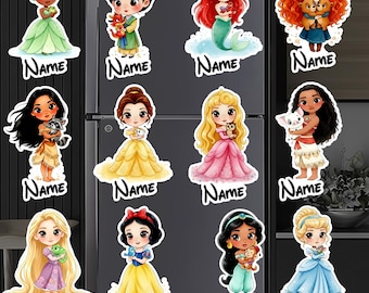 May include: A collection of twelve die-cut vinyl stickers featuring chibi-style animated characters in colorful outfits, each holding a small animal companion. Below each character is a white space with the black text NAME for personalization.