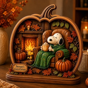 May include: A decorative wooden-style carving shaped like a pumpkin, featuring Snoopy sitting in a chair with a mug, wrapped in a green blanket, next to Woodstock by a fireplace. The base has a sign reading Snoopy's Cozy Corner with autumn leaves.