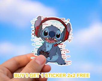 Disney Stitch Vinyl Sticker – Fun Gamer Design with Headphones for Laptops, Water Bottles & More – Buy 5 Get 1 Free