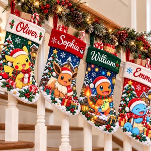 May include: Four Christmas stockings featuring Pokémon characters Pikachu, Eevee, Charmander, and Squirtle. Each stocking has a white cuff personalized with the names Oliver, Sophia, William, and Emma, decorated with festive winter scenes.