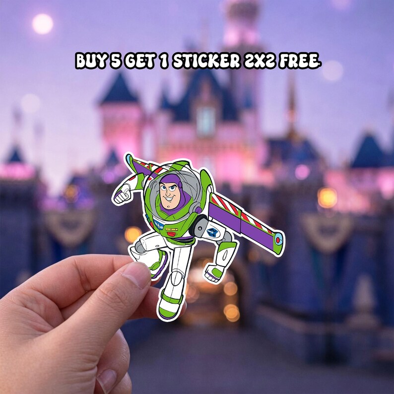 May include: A die-cut sticker featuring the character Buzz Lightyear in a white, green, and purple space suit with extended wings. The text above reads BUY 5 GET 1 STICKER 2X2 FREE. The sticker is held against a blurred background of a castle.