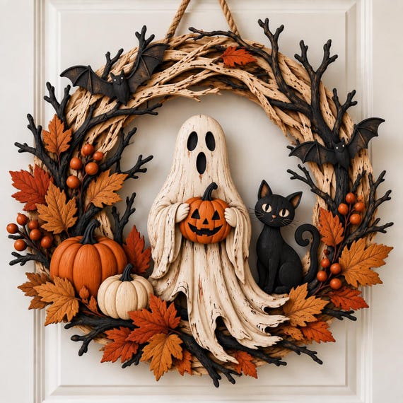 Spooky Ghost Halloween Wreath, Gothic Bat Wreath Decor, Black Rose Halloween Door Hanger, Haunted House Wall Decor, Fall Decor