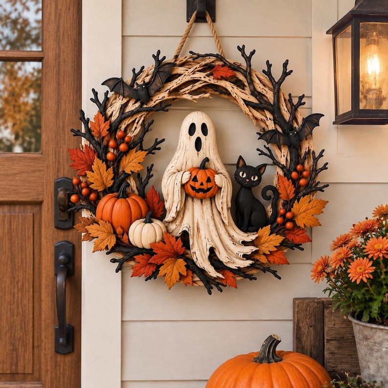 Może przedstawiać: Okrągły wieniec na Halloween z centralnie umieszczoną białą figurką ducha trzymającą małą dynię, w towarzystwie czarnego kota. Wieniec jest ozdobiony pomarańczowymi i białymi dyniami, czarnymi gałęziami oraz pomarańczowymi jesiennymi liśćmi.