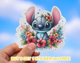 Stitch Floral Sticker, Cute Lilo and Stitch Vinyl Decal, Tropical Disney Inspired Sticker, Laptop Water Bottle Gift