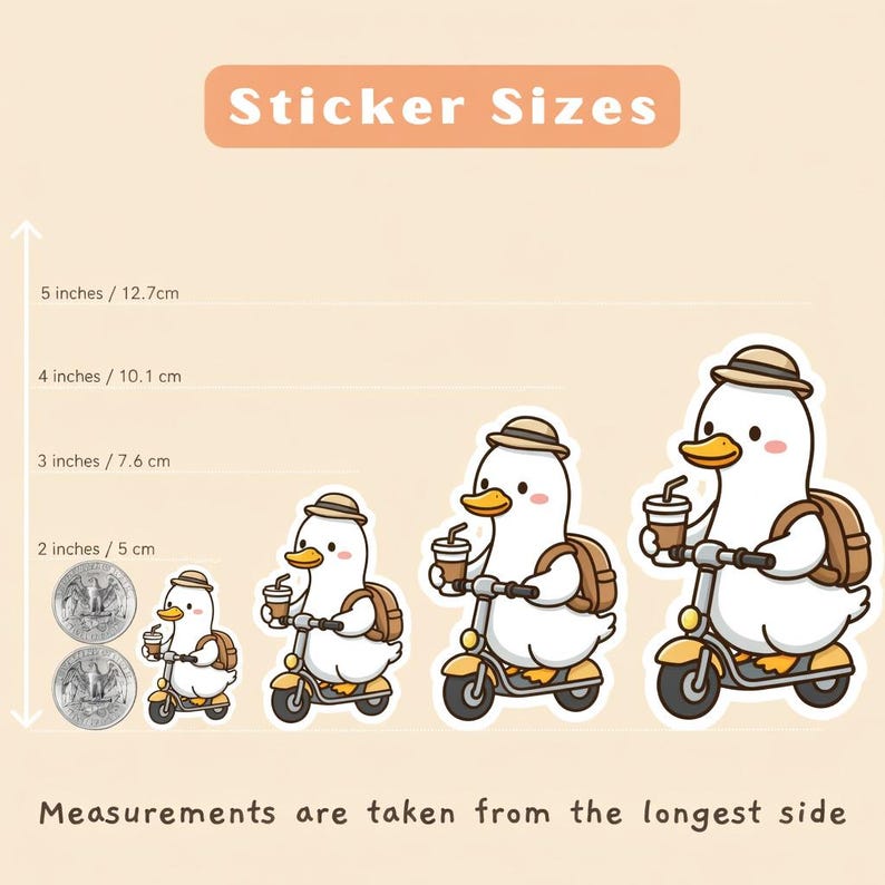May include: A collection of duck stickers in various sizes, each riding a scooter and holding a coffee cup. The stickers range from 2 inches to 5 inches in height. The text "Sticker Sizes" and measurement details are also included.