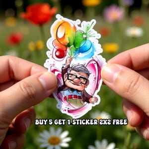 May include: A colorful sticker featuring an illustration of an elderly man holding balloons. The man is wearing glasses and a bow tie. The sticker has a heart-shaped outline and the text "BUY 5 GET 1 STICKER 2X2 FREE".