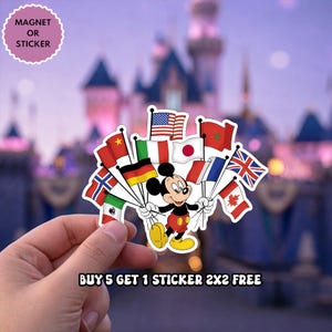 May include: A sticker or magnet featuring a cartoon mouse character wearing red shorts and yellow shoes, holding a cluster of small flag-topped poles representing various nations including the United States, Canada, Japan, and Italy.