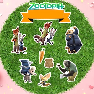 May include: A Zootopia-themed cake topper featuring various character cutouts, including Nick Wilde, Judy Hopps, and Flash. The topper includes a carrot, badge, and a banner with the Zootopia logo, all set against a green, textured background.