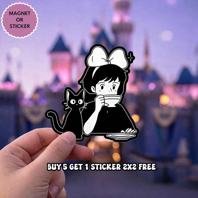 May include: A black and white sticker or magnet featuring a cartoon character with a large bow in their hair, drinking from a cup, accompanied by a small black cat. The design includes the text MAGNET OR STICKER and BUY 5 GET 1 STICKER 2X2 FREE.